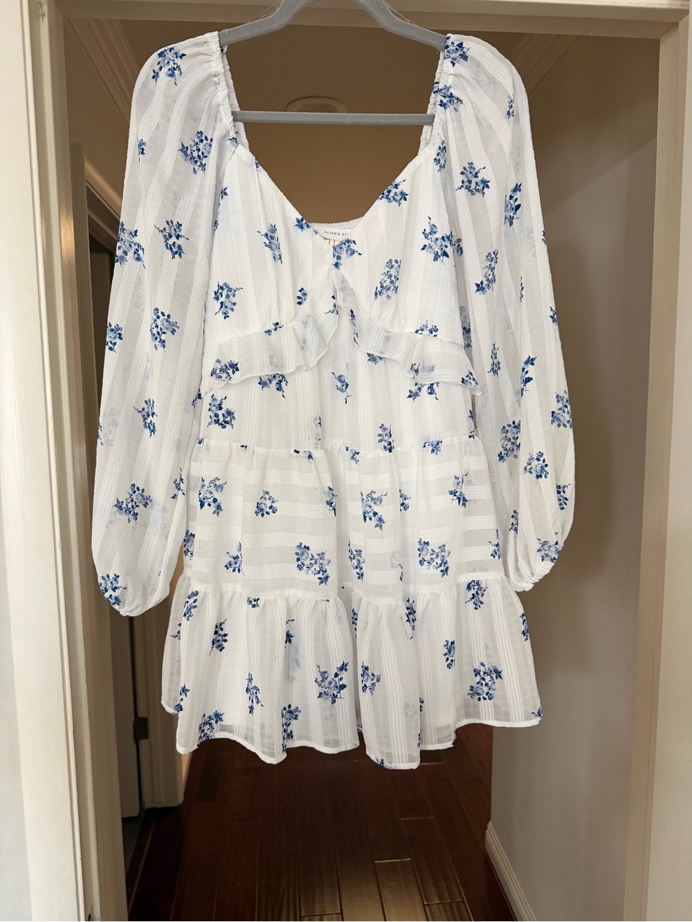 Altar’d State White Peasant Mini- Dress with Blue Floral Print
